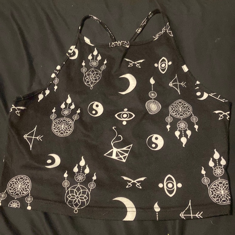 Black Halter neck ting yang dream catcher crop top